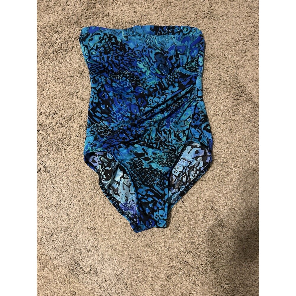 Miraclesuit Blue Vintage Abstract Strapless  Swimsuit Size 12 Ruched Slimming